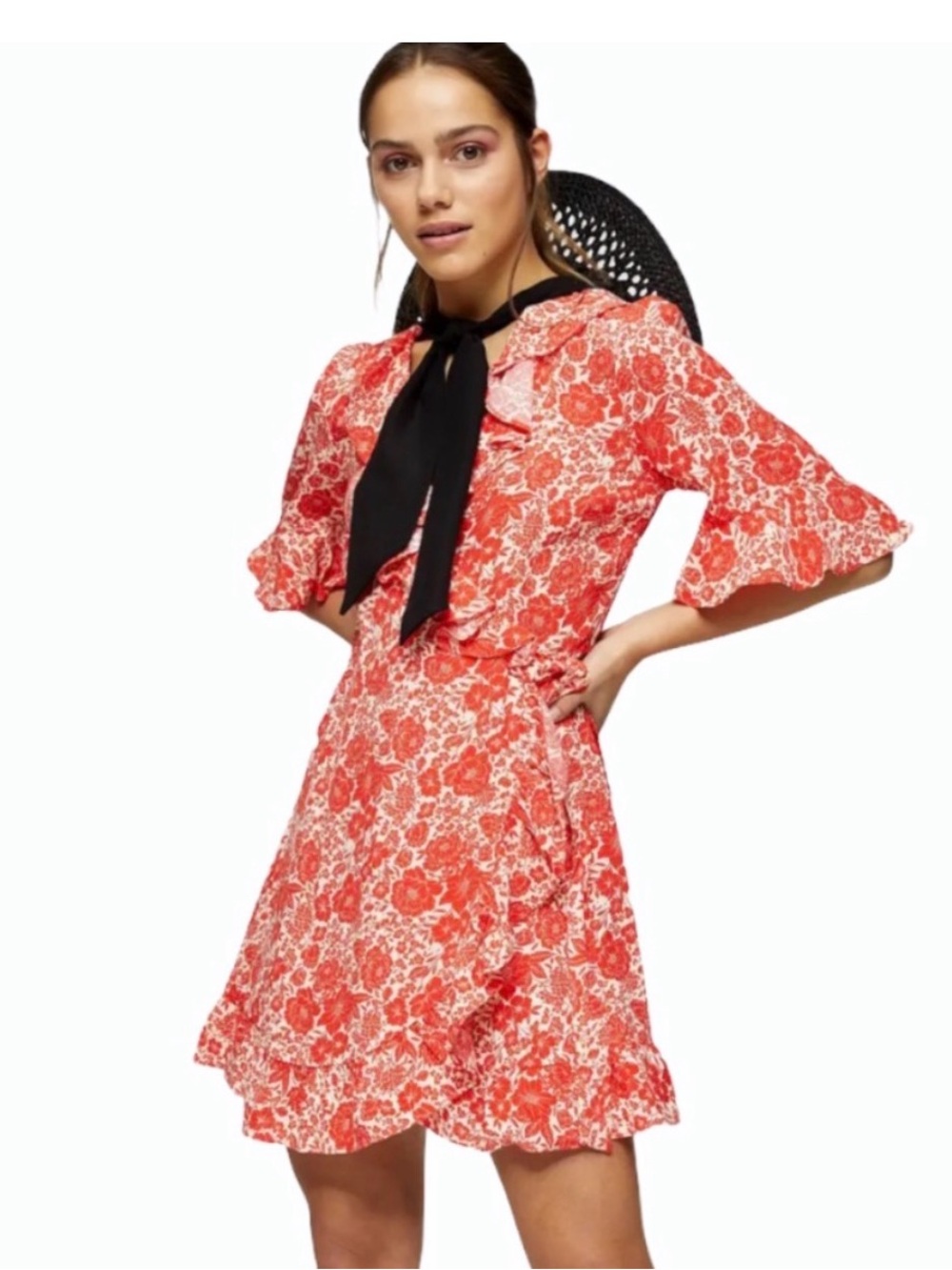 Topshop Reddish Orange Floral Mini Wrap Ruffle Dress with Short Sleeves Size S - Picture 1 of 6